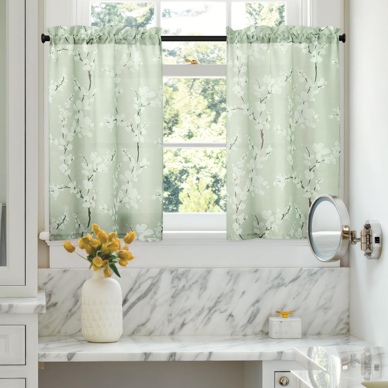 FMFUNCTEX Blossom Floral Printed Tier Kitchen Curtain 36 Inch Length Green White Botanical Design Half Window Curtains for Bathroom Basement Laundry Room CafÃ© Curtains Privacy Rod Pocket 2 Panels - Image 1